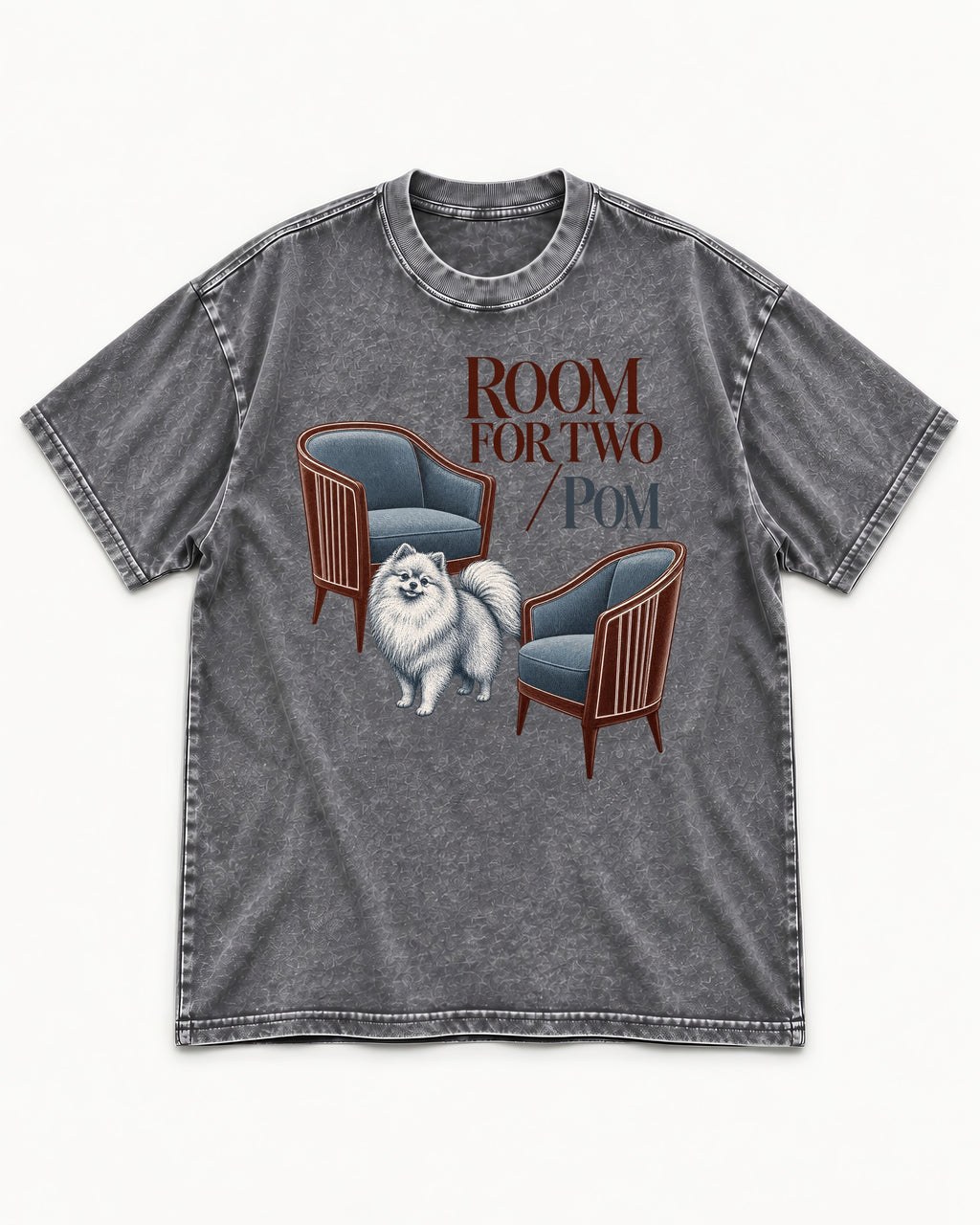 Room for Two with Pomeranian Washed Tee in Gray, flat lay product photo