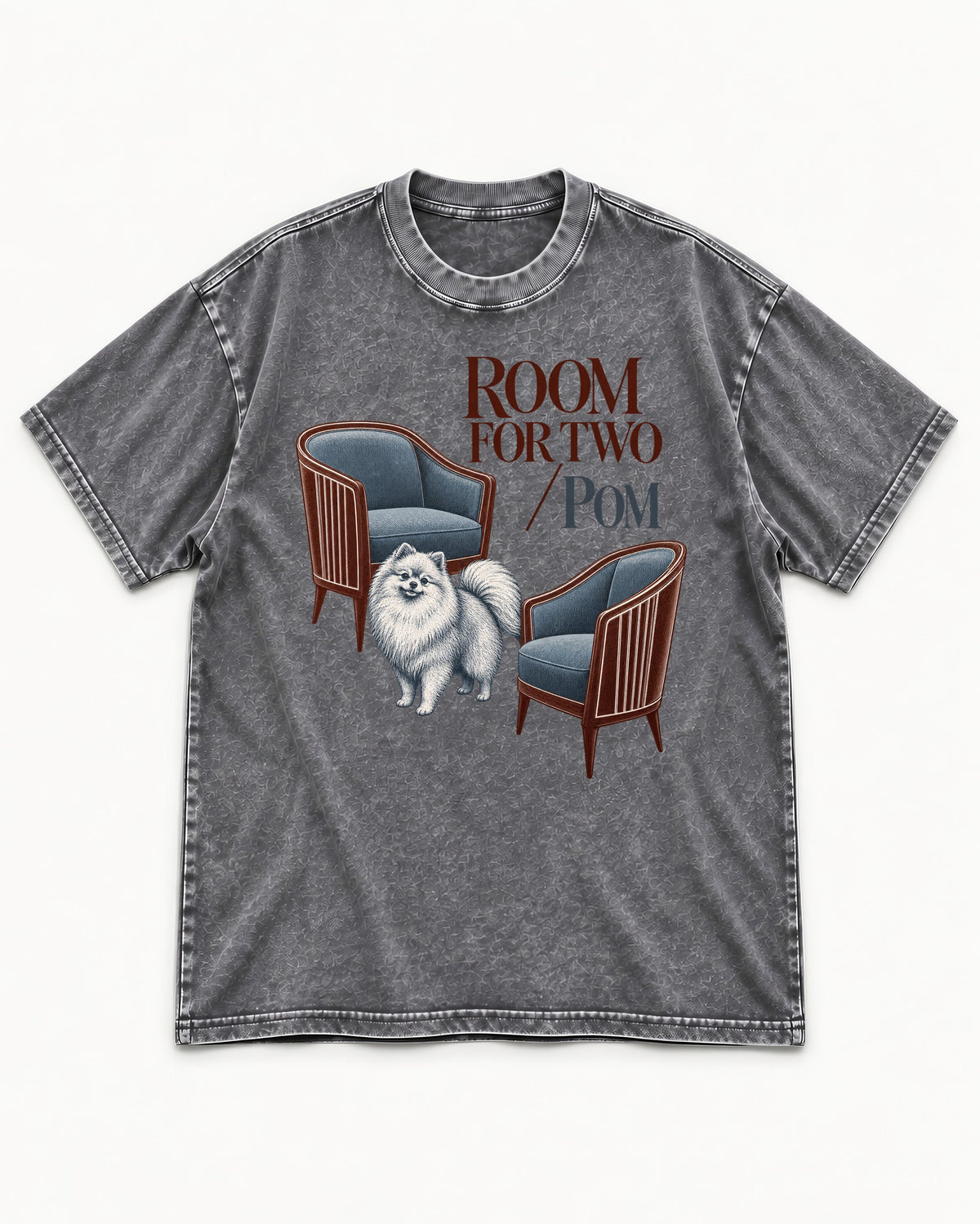 Room for Two with Pomeranian Washed Tee in Gray, flat lay product photo