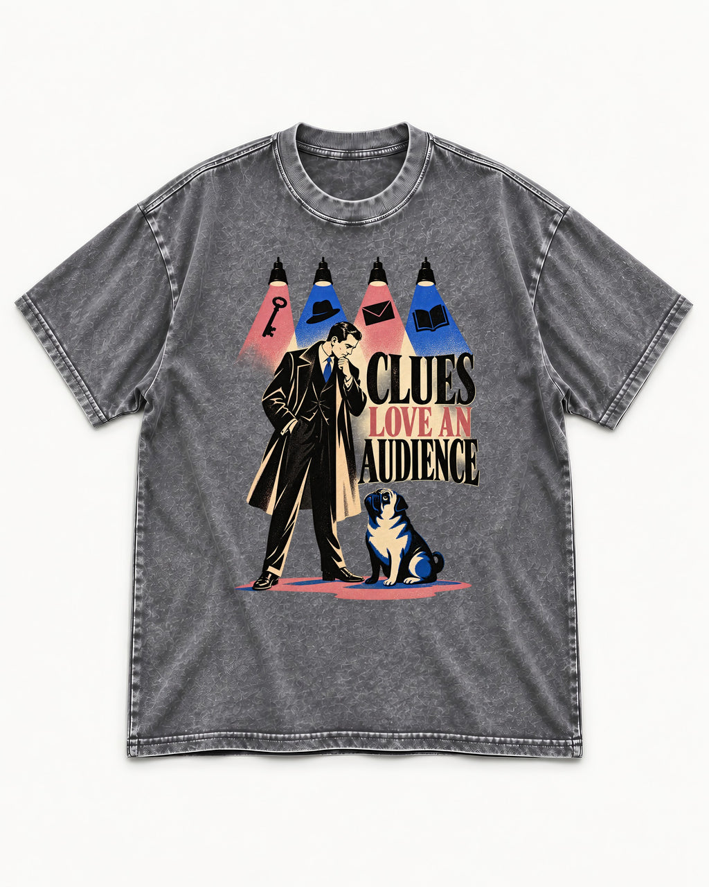Pug Clues Love an Audience Washed Tee in Gray, flat lay product photo