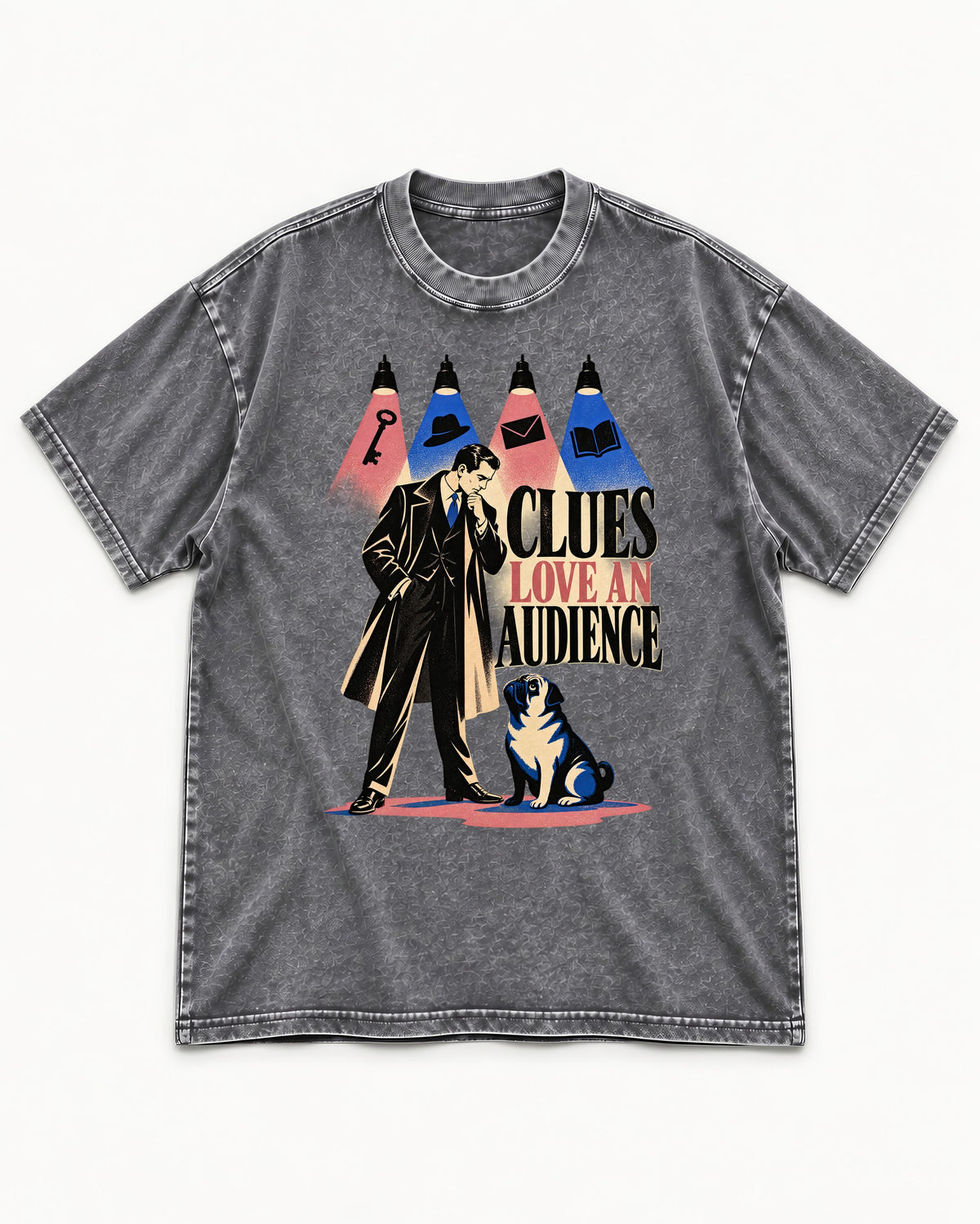 Pug Clues Love an Audience Washed Tee in Gray, flat lay product photo