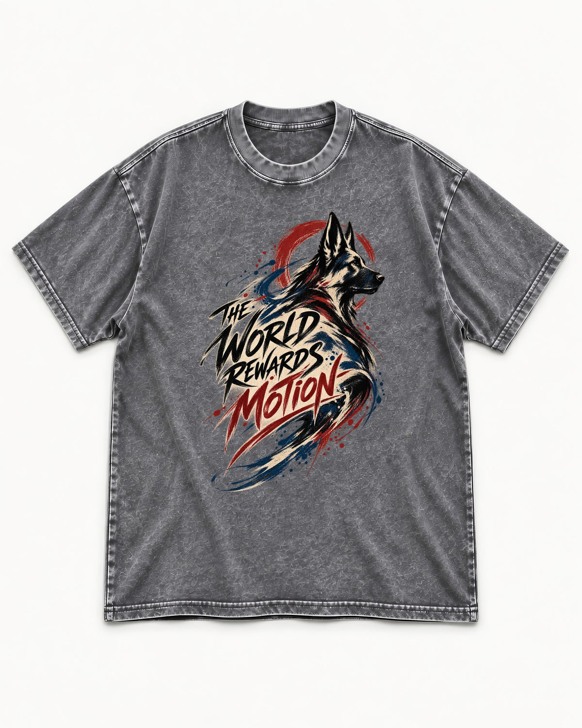 German Shepherd Dog The World Rewards Motion Washed Tee in Gray, flat lay product photo
