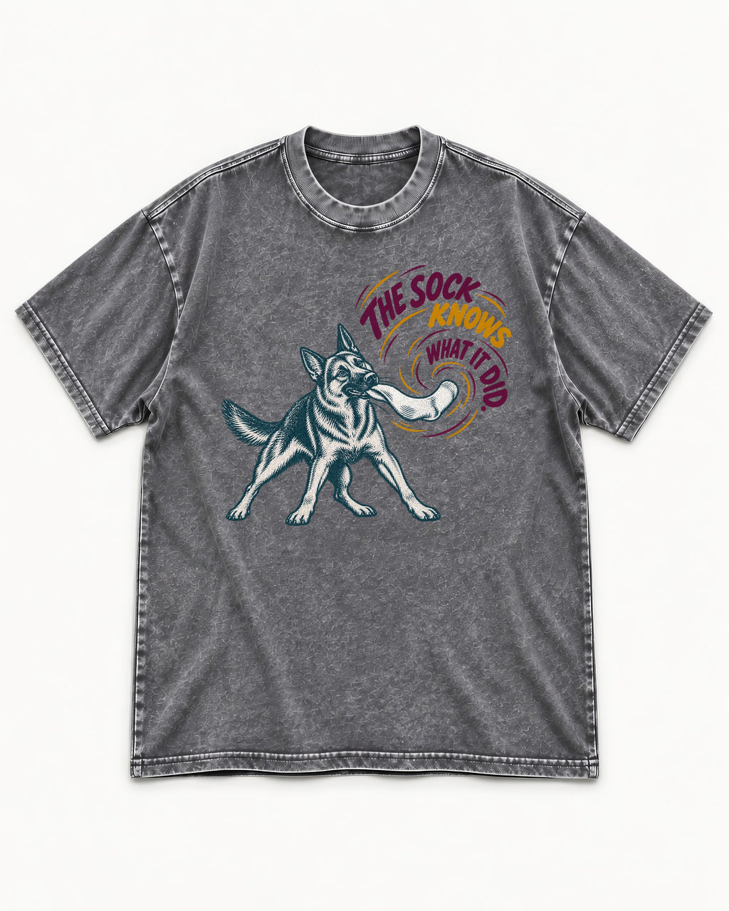 German Shepherd Dog The Sock Knows What I Did Graphic Washed Tee in Gray, flat lay product photo