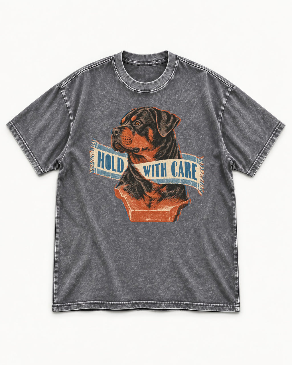 Rottweiler Hold with Care Washed Tee in Gray, flat lay product photo