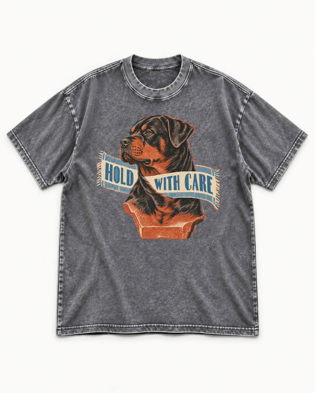 Rottweiler Hold with Care Washed Tee in Gray, flat lay product photo