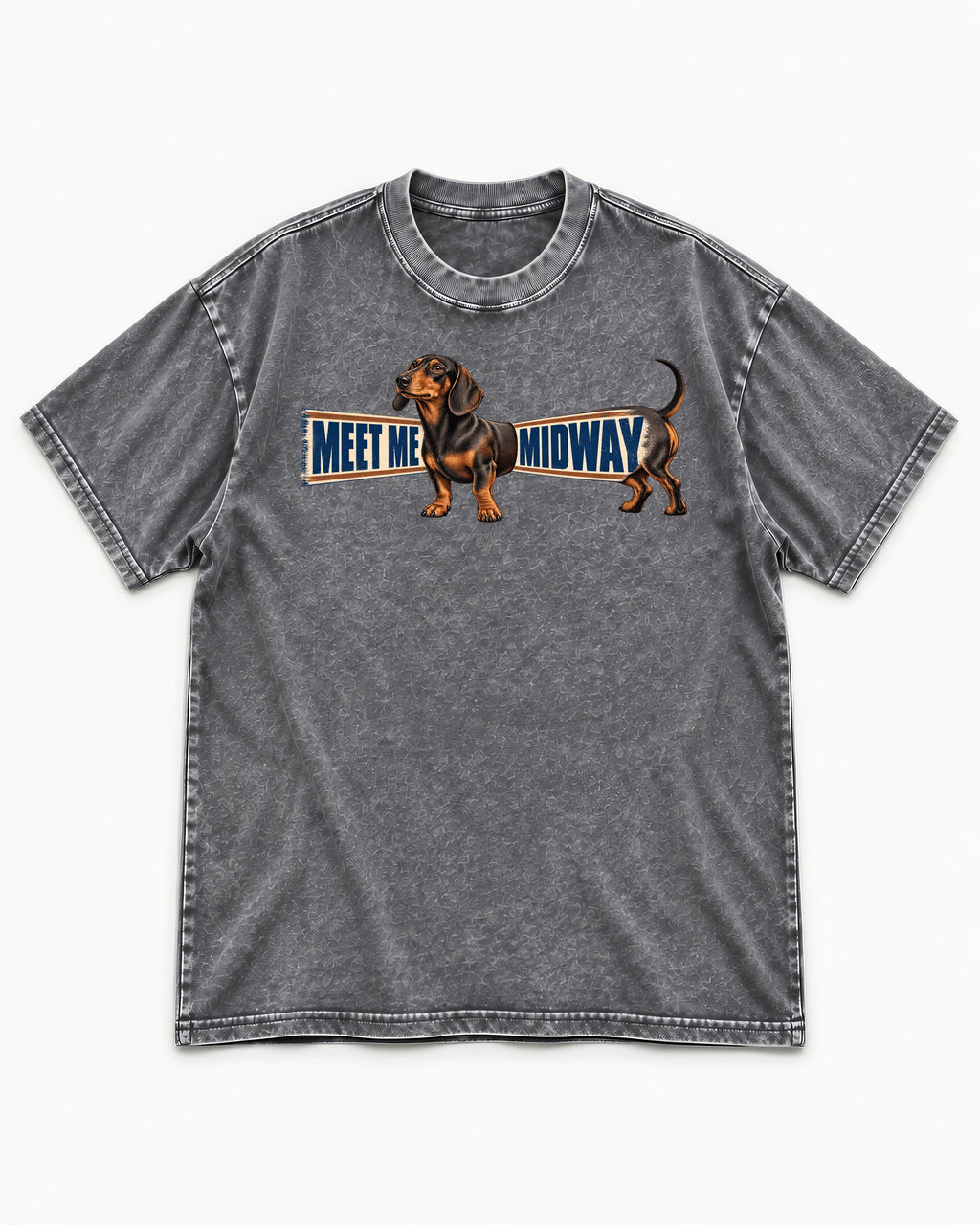 Dachshund Meet Me Midway Washed Tee in Gray, flat lay product photo