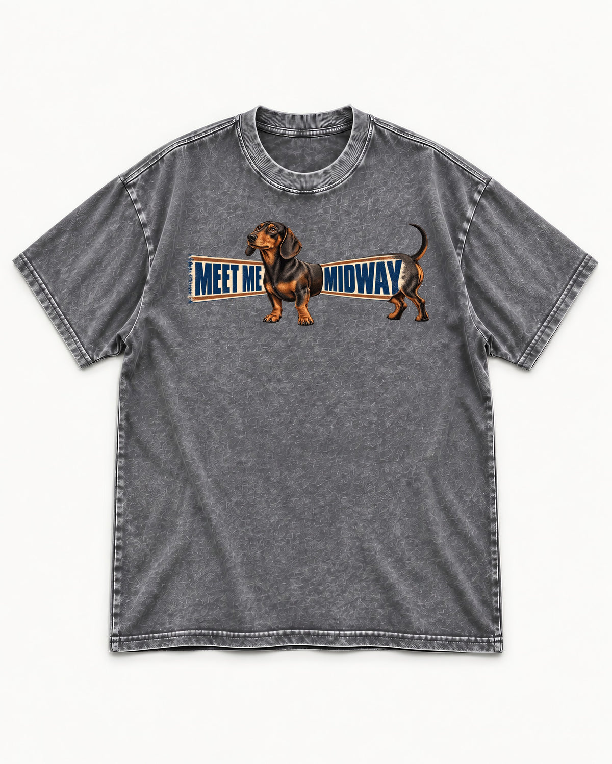 Dachshund Meet Me Midway Washed Tee in Gray, flat lay product photo
