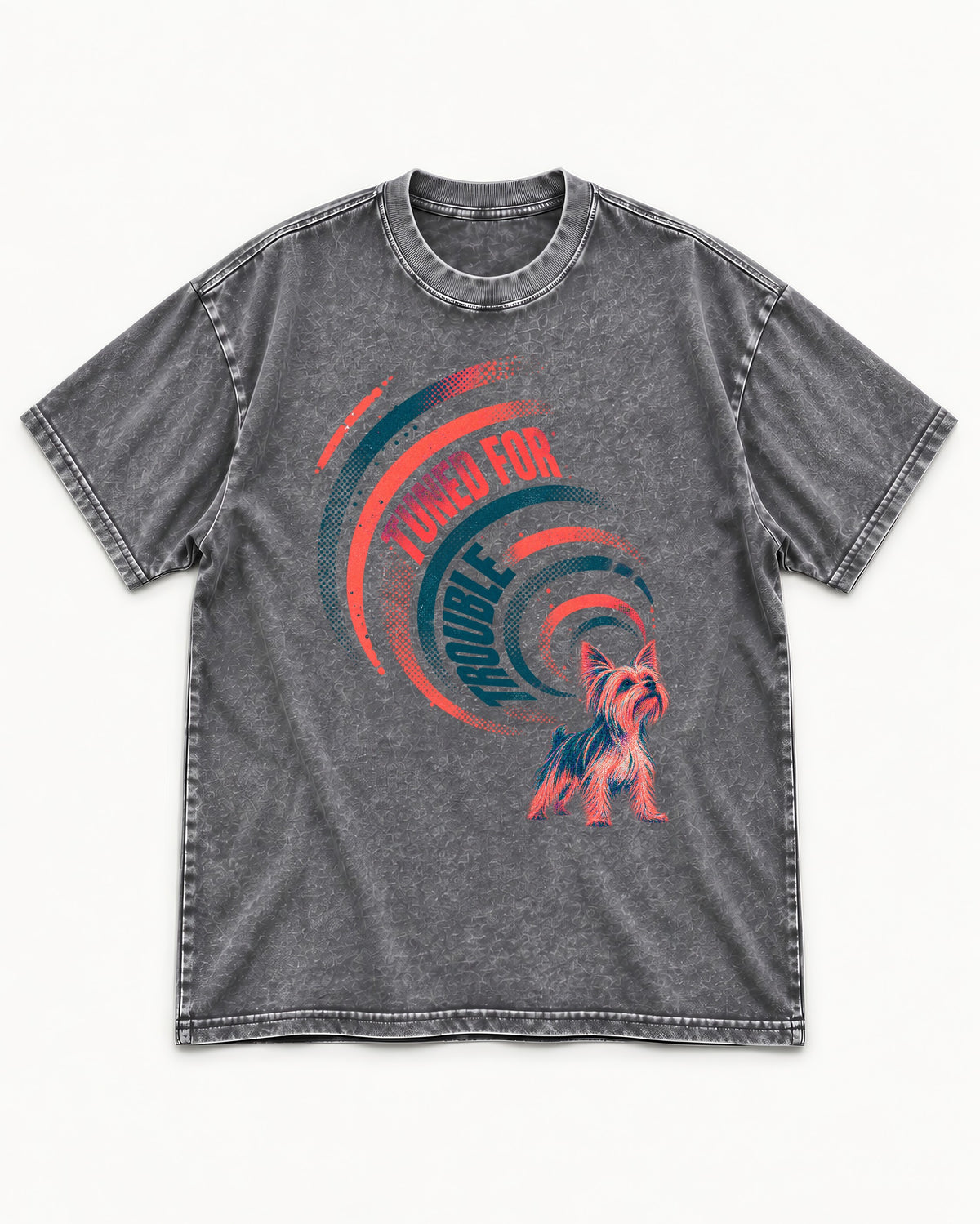 Yorkshire Terrier Tuned for Trouble Washed Tee in Gray, flat lay product photo