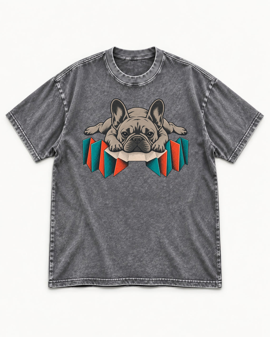 Frenchie Sploot Press Graphic Washed Tee in Gray, flat lay product photo