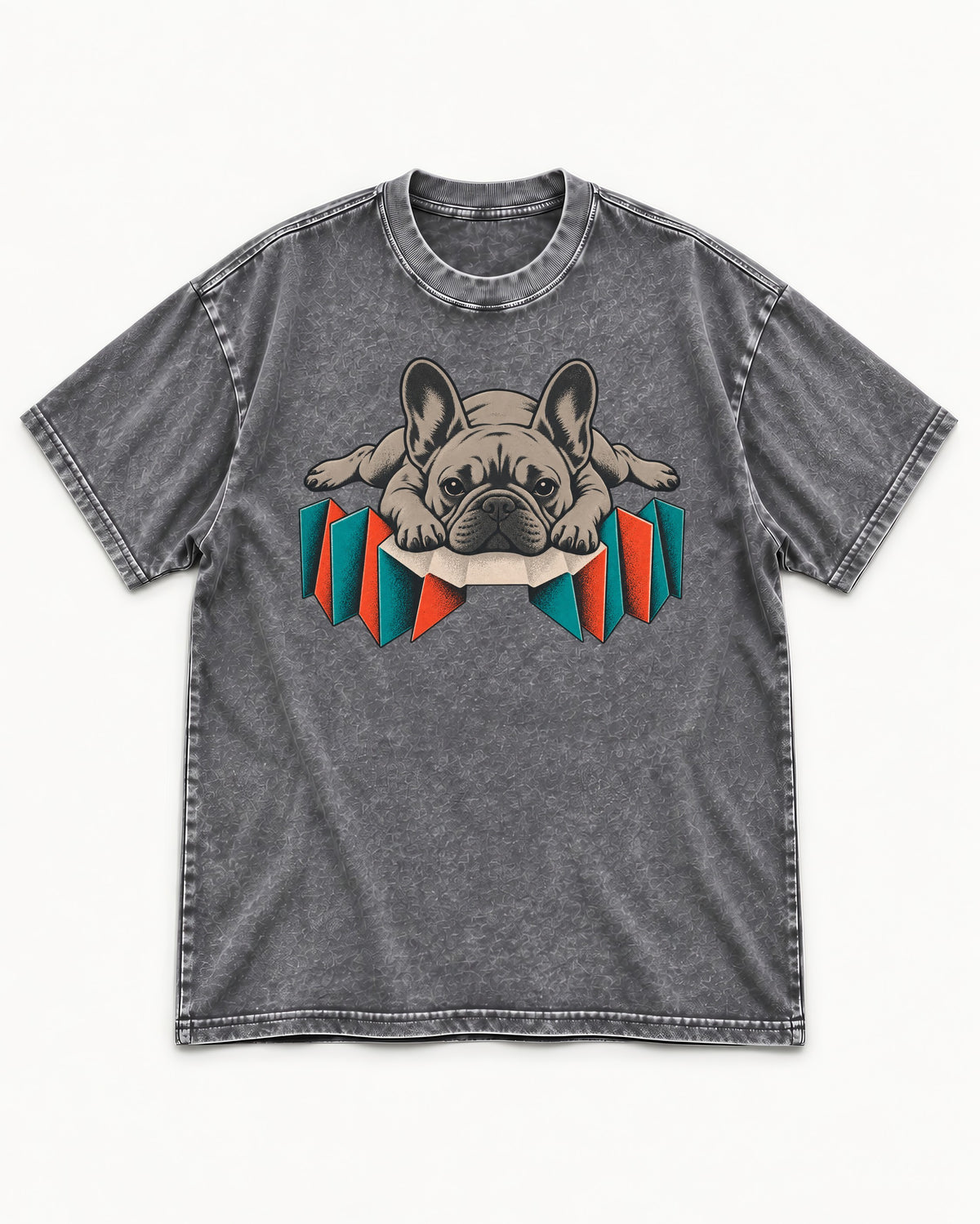 Frenchie Sploot Press Graphic Washed Tee in Gray, flat lay product photo