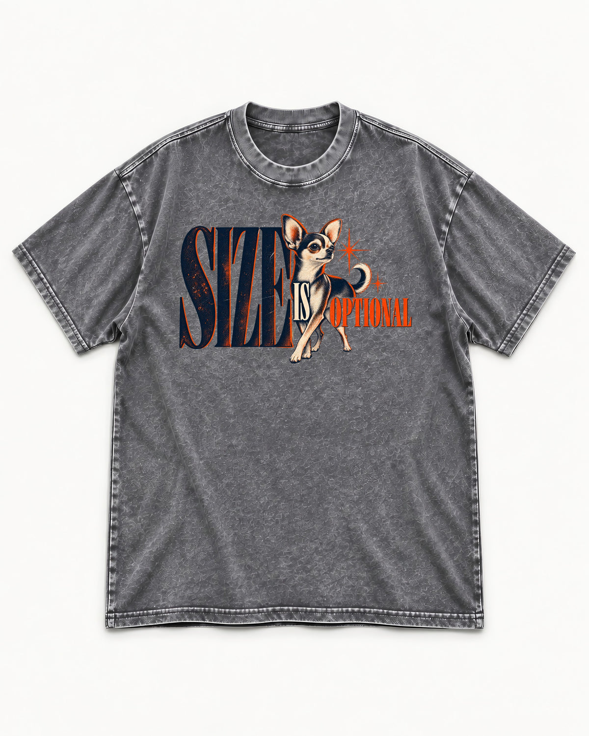 Chihuahua Size Is Optional Starburst Graphic Washed Tee in Gray, flat lay product photo