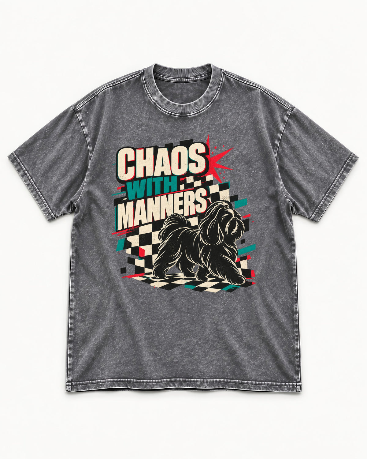 Shih Tzu Chaos with Manners Checkerboard Graphic Washed Tee in Gray, flat lay product photo