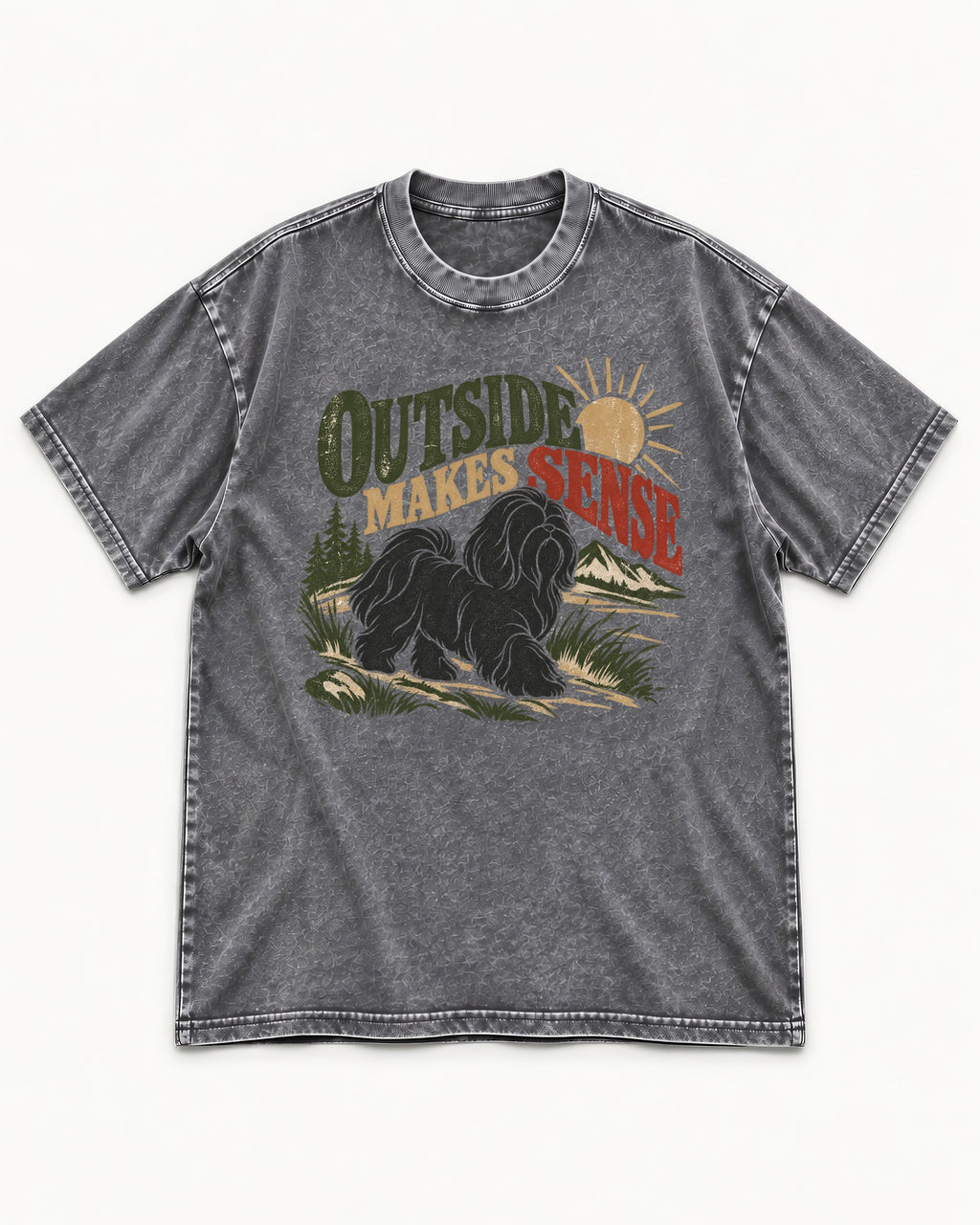 Shih Tzu Outside Makes Sense Mountain Trail Graphic Washed Tee in Gray, flat lay product photo
