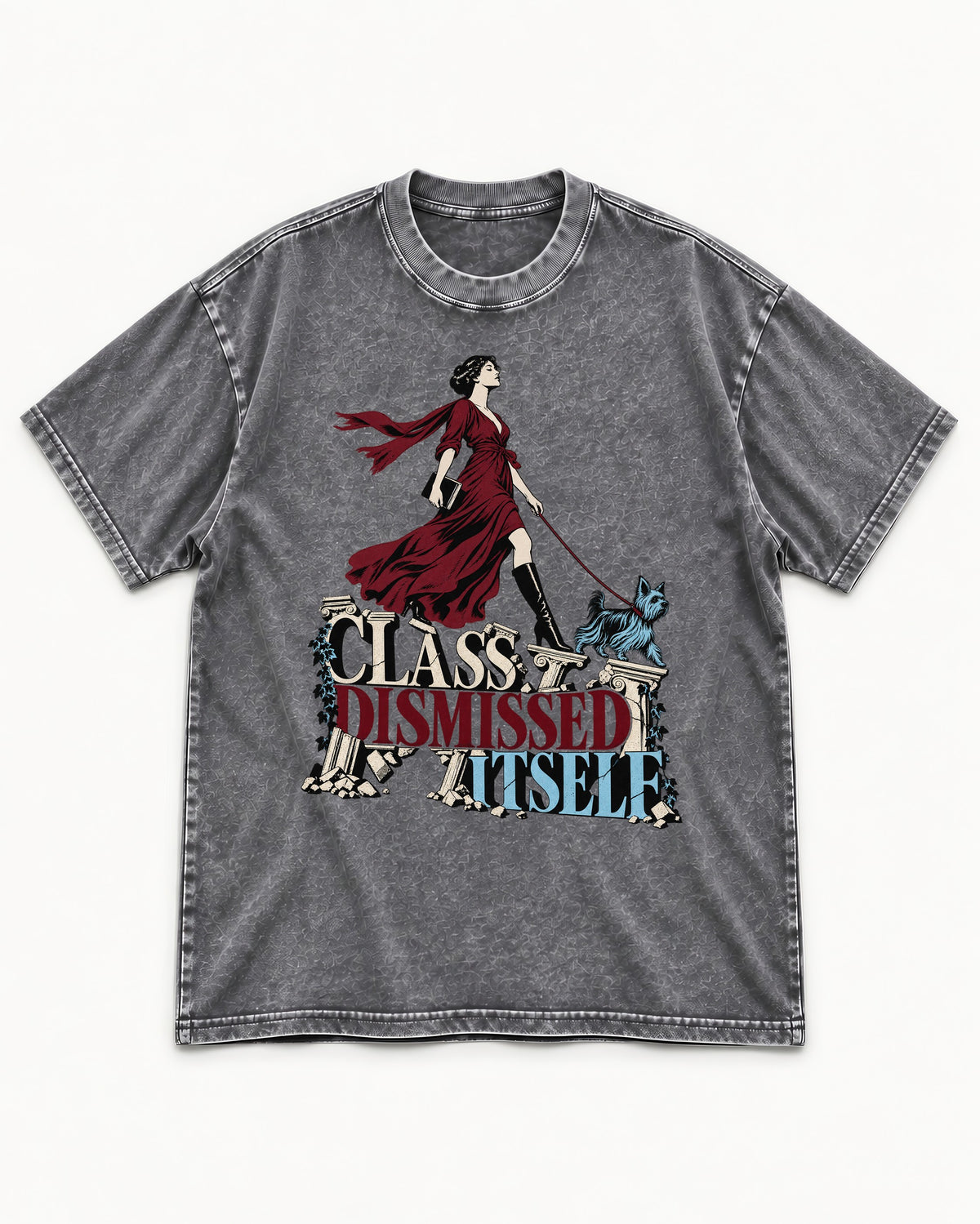 Class Dismissed Itself Yorkshire Terrier Washed Tee in Gray, flat lay product photo
