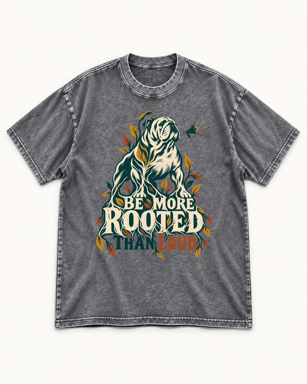 More Rooted Than Loud English Bulldog Washed Tee in Gray, flat lay product photo