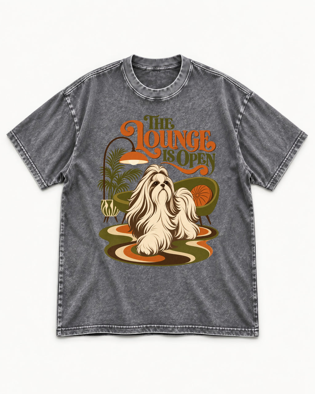 The Shih Tzu Lounge Is Open Washed Tee in Gray, flat lay product photo