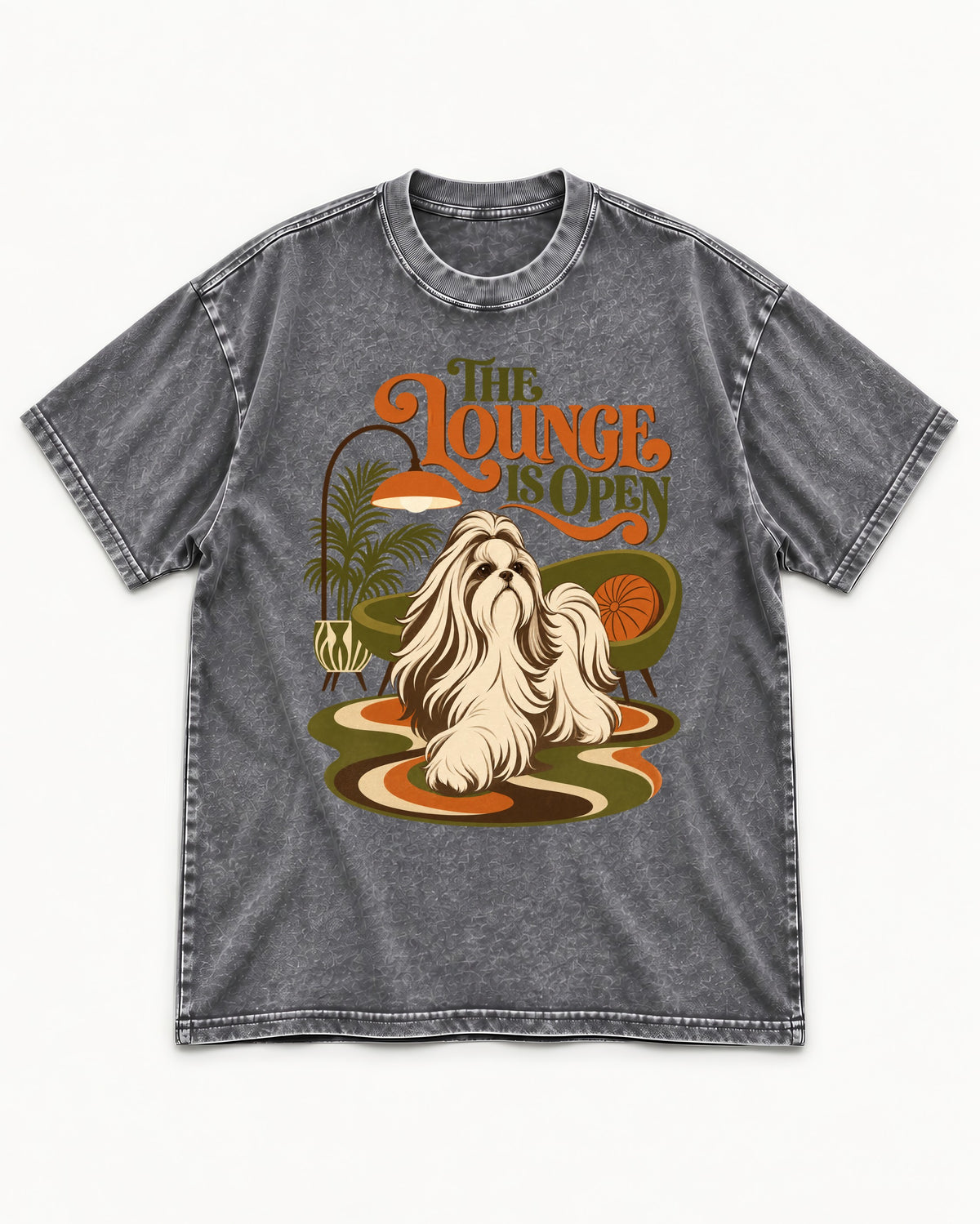 The Shih Tzu Lounge Is Open Washed Tee in Gray, flat lay product photo