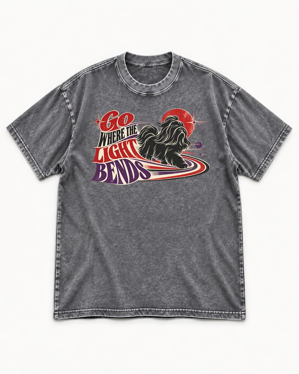 Shih Tzu Go Where the Light Bends Cosmic Orbit Graphic Washed Tee in Gray, flat lay product photo