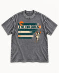 Chihuahua The End Curls Retro Stripe Graphic Washed Tee in Gray, flat lay product photo