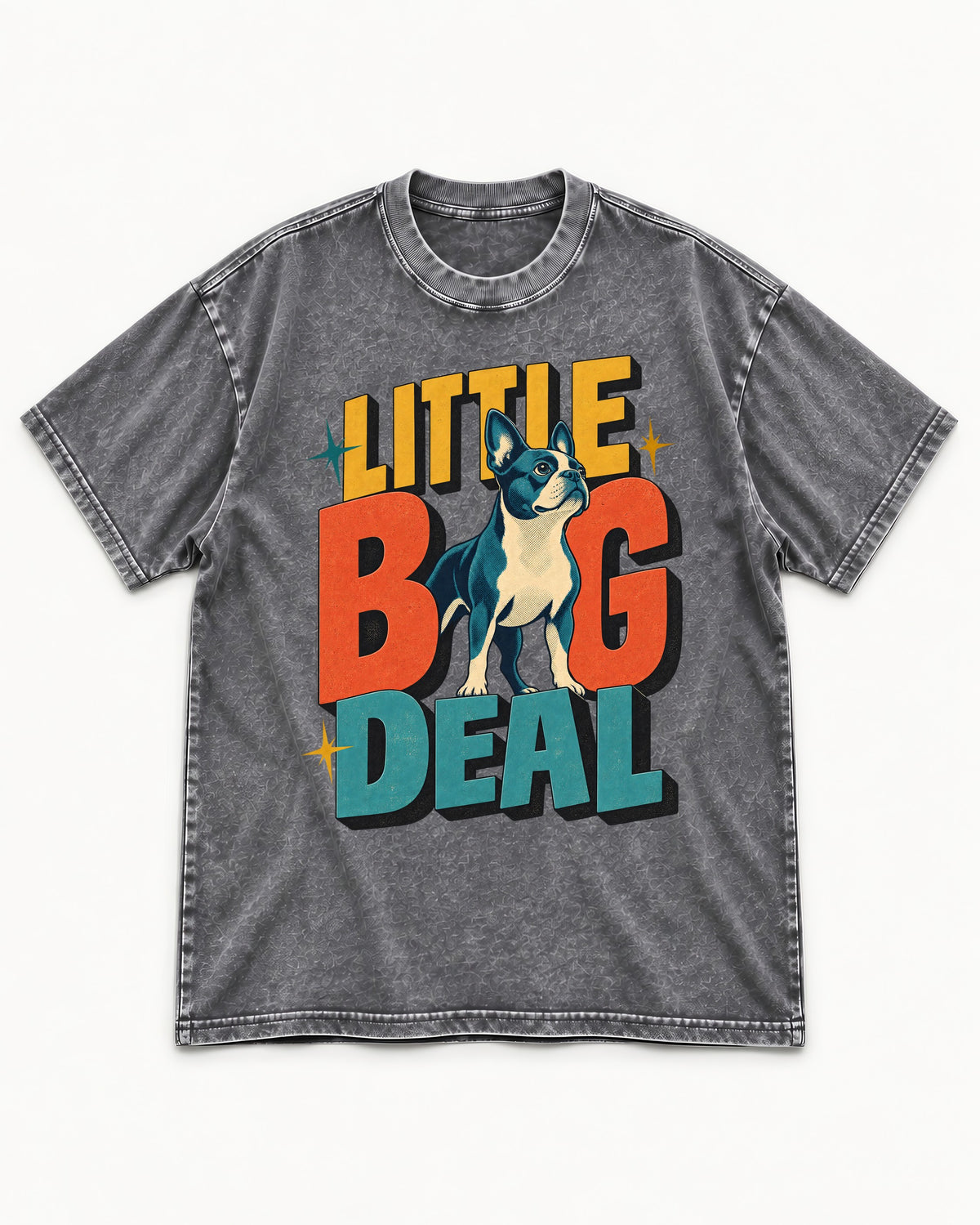 Boston Terrier Little Big Deal Washed Tee in Gray, flat lay product photo