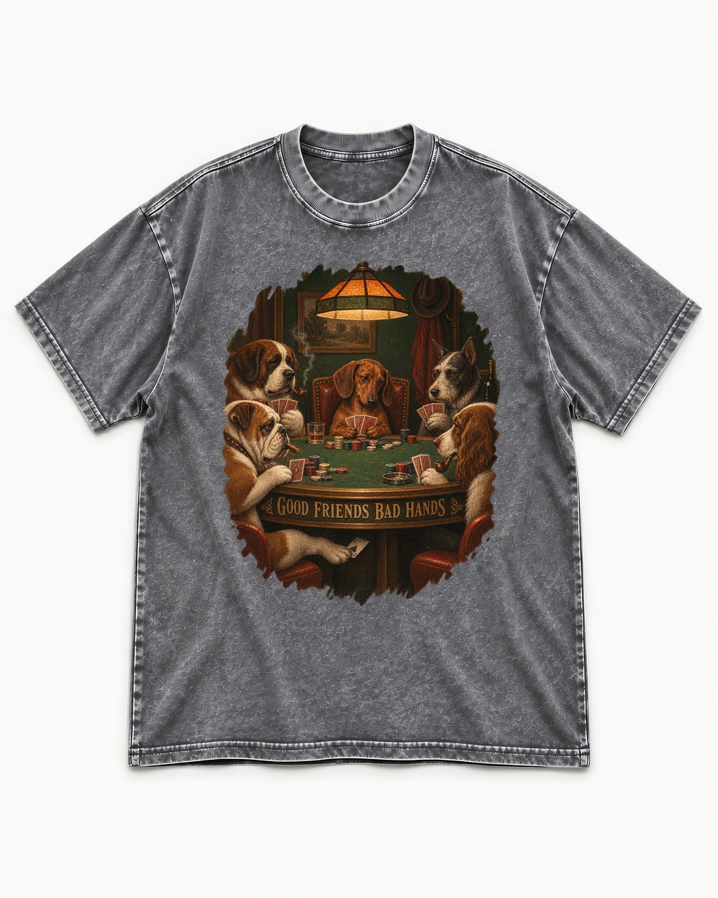 Dachshund Good Friends Bad Hands Poker Scene Washed Tee in Gray, flat lay product photo