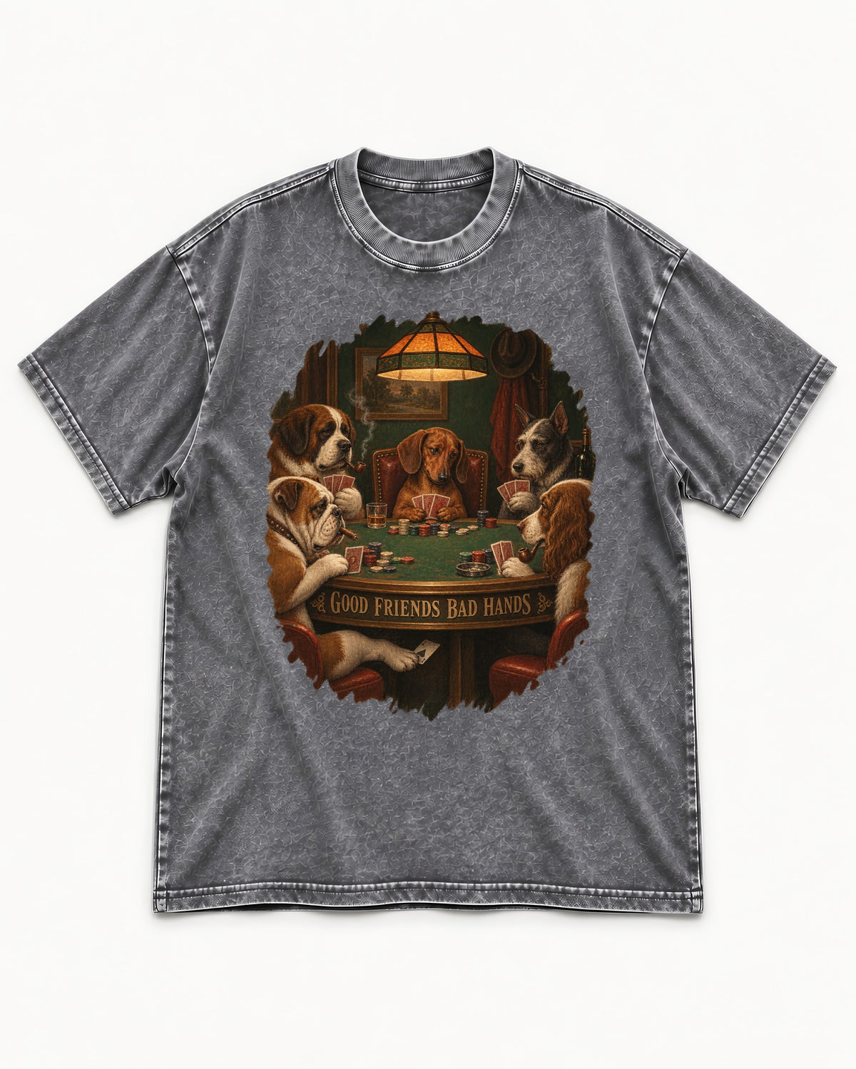 Dachshund Good Friends Bad Hands Poker Scene Washed Tee in Gray, flat lay product photo