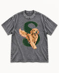 Golden Retriever Leave Some Space Monogram Graphic Washed Tee in Gray, flat lay product photo