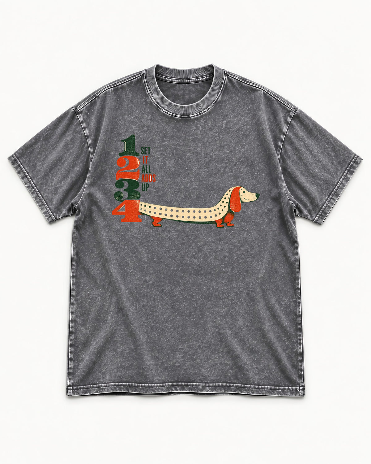 Dachshund Adds Up Washed Tee in Gray, flat lay product photo