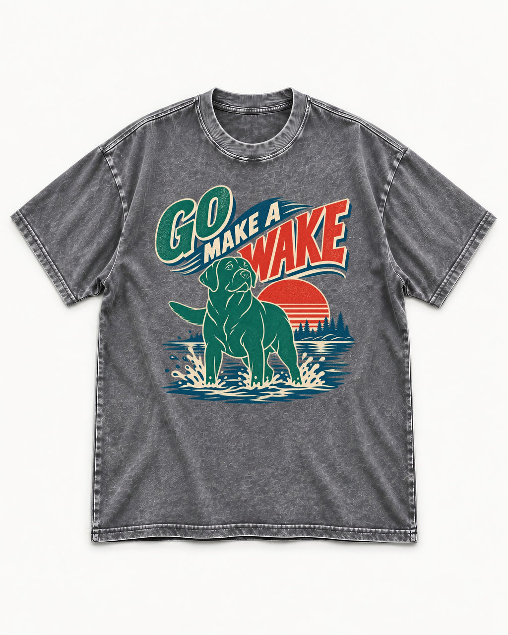 Labrador Retriever Go Make a Wake Lake Graphic Washed Tee in Gray, flat lay product photo