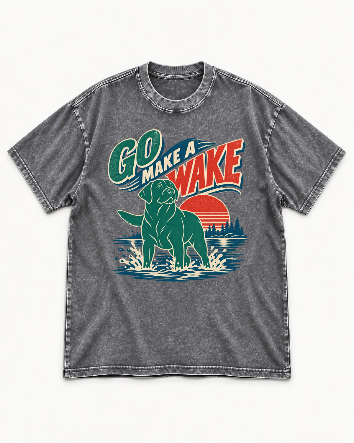 Labrador Retriever Go Make a Wake Lake Graphic Washed Tee in Gray, flat lay product photo