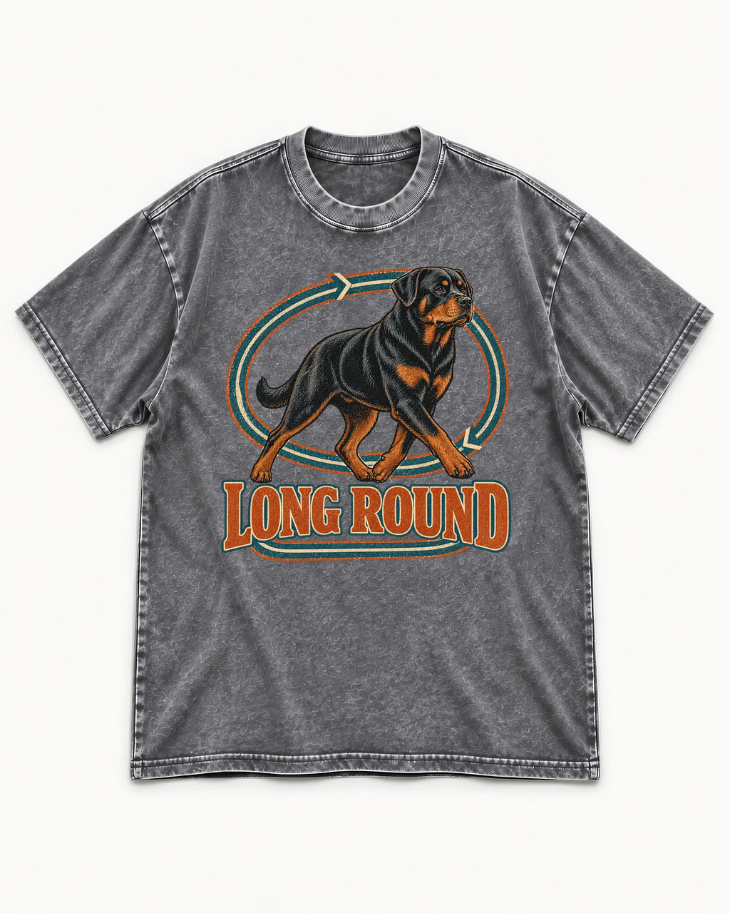 Rottweiler Long Round Circular Track Graphic Washed Tee in Gray, flat lay product photo