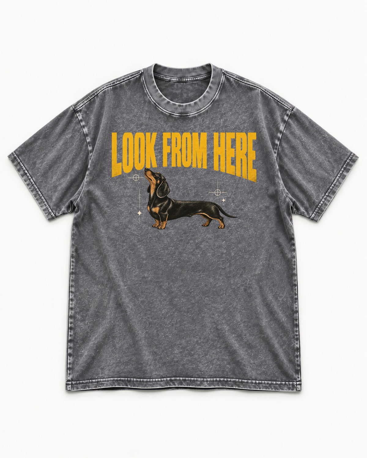 Dachshund Look From Here Washed Tee in Gray, flat lay product photo
