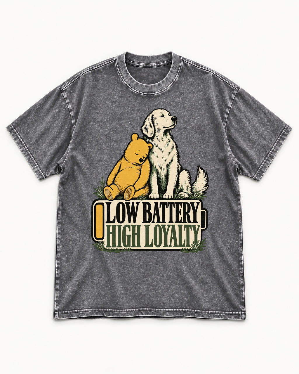 Golden Retriever Low Battery High Loyalty Washed Tee in Gray, flat lay product photo
