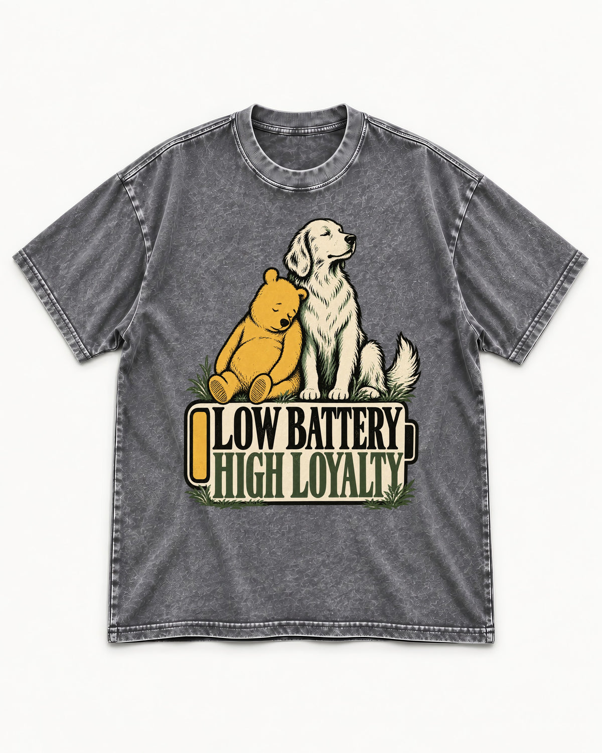 Golden Retriever Low Battery High Loyalty Washed Tee in Gray, flat lay product photo