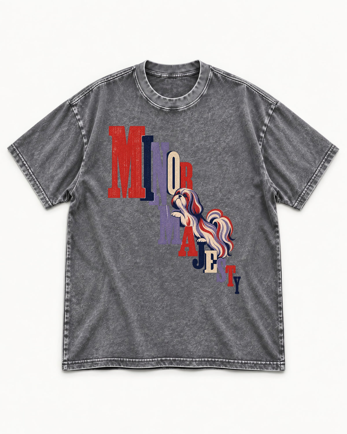 Shih Tzu Minor Majesty Washed Tee in Gray, flat lay product photo