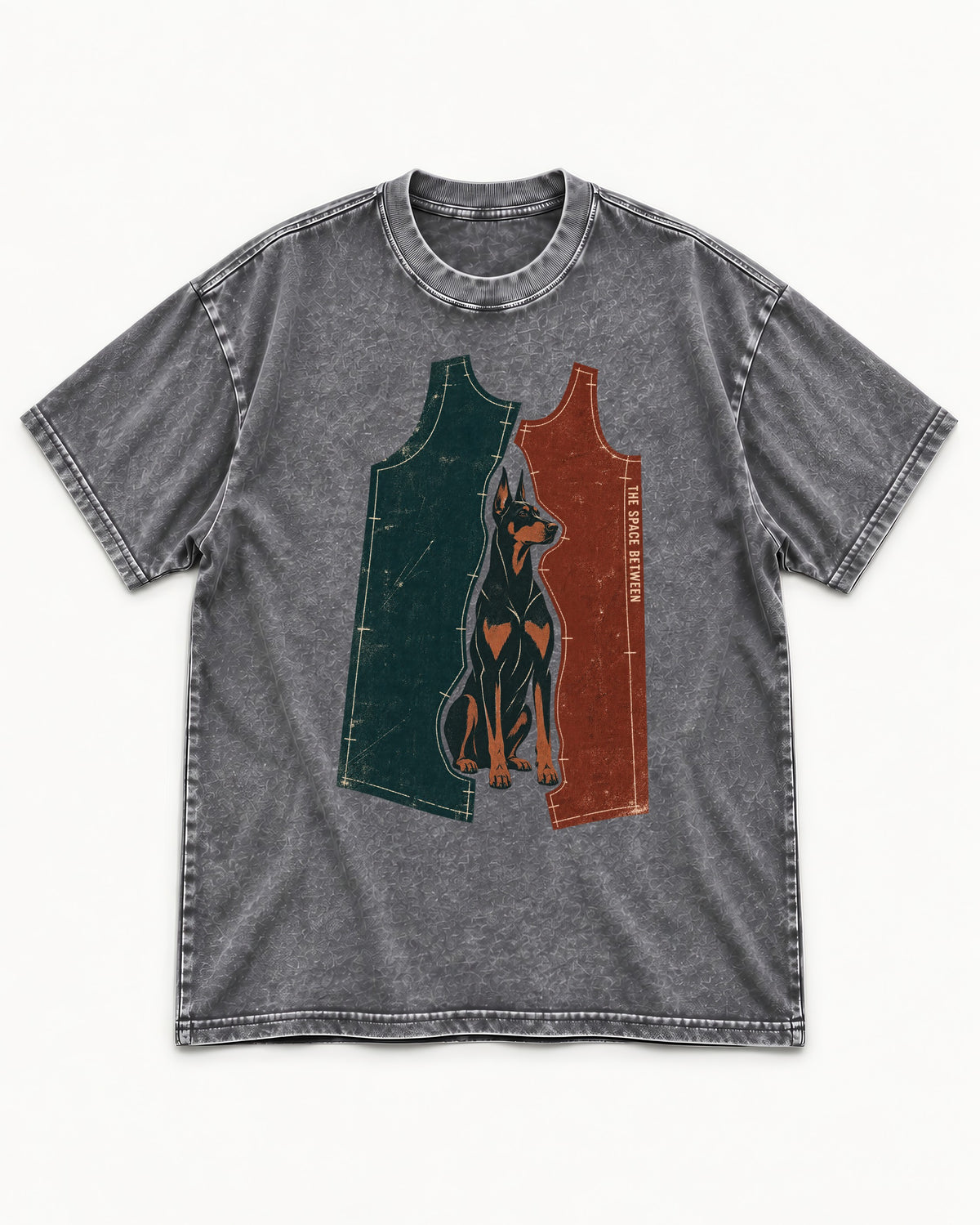 Doberman The Space Between Pattern Pieces Graphic Washed Tee in Gray, flat lay product photo