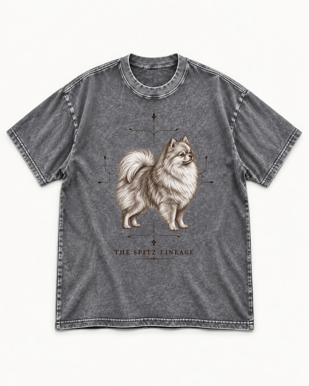 Pomeranian Spitz Lineage Washed Tee in Gray, flat lay product photo