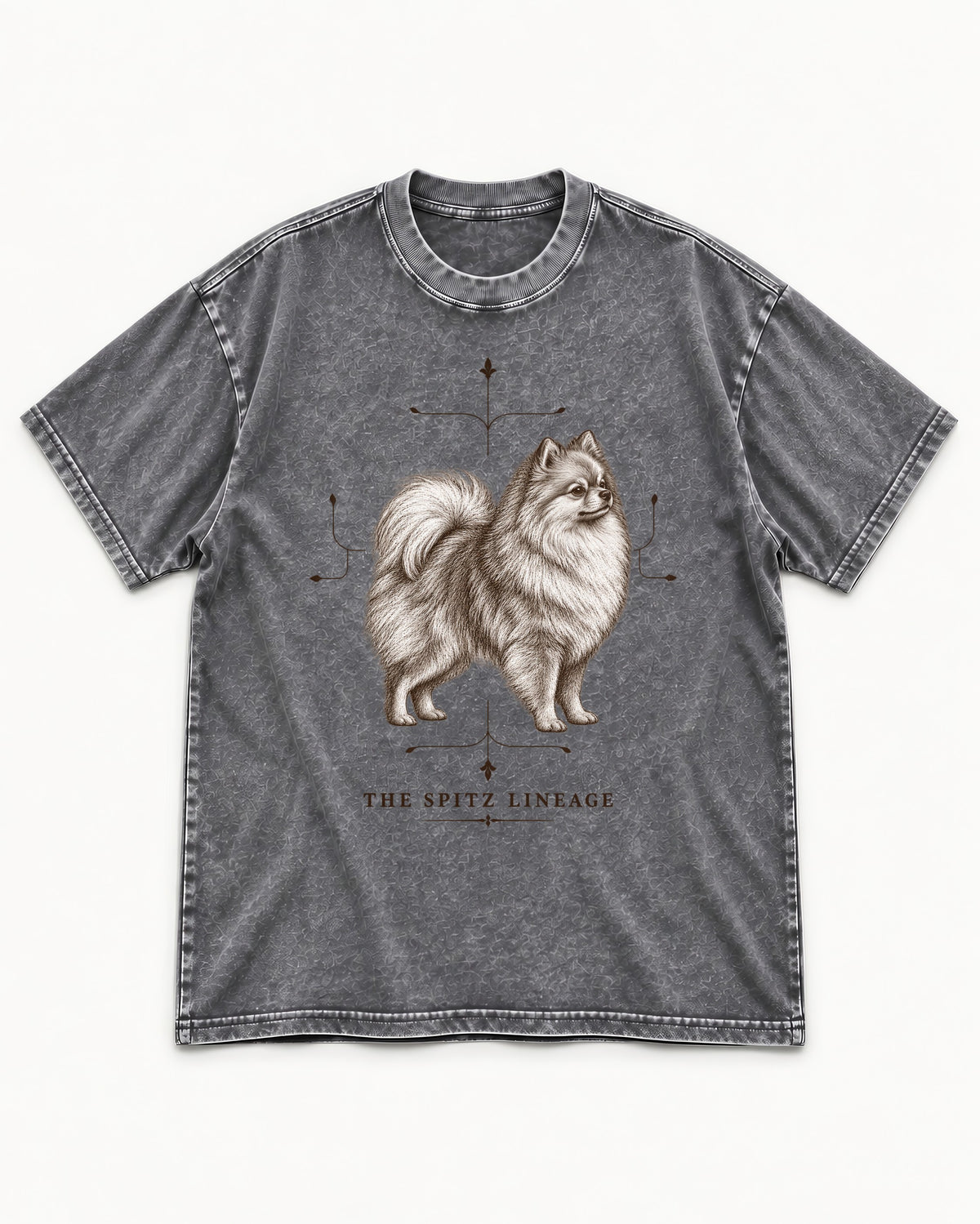 Pomeranian Spitz Lineage Washed Tee in Gray, flat lay product photo