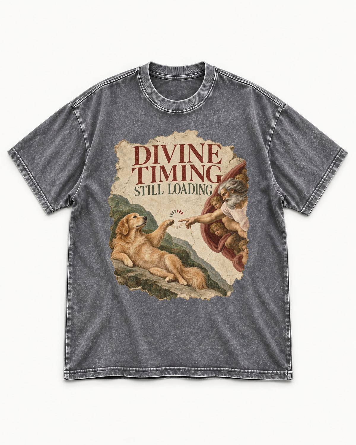 Divine Timing Still Loading Creation Scene Golden Retriever Graphic Washed Tee in Gray, flat lay product photo