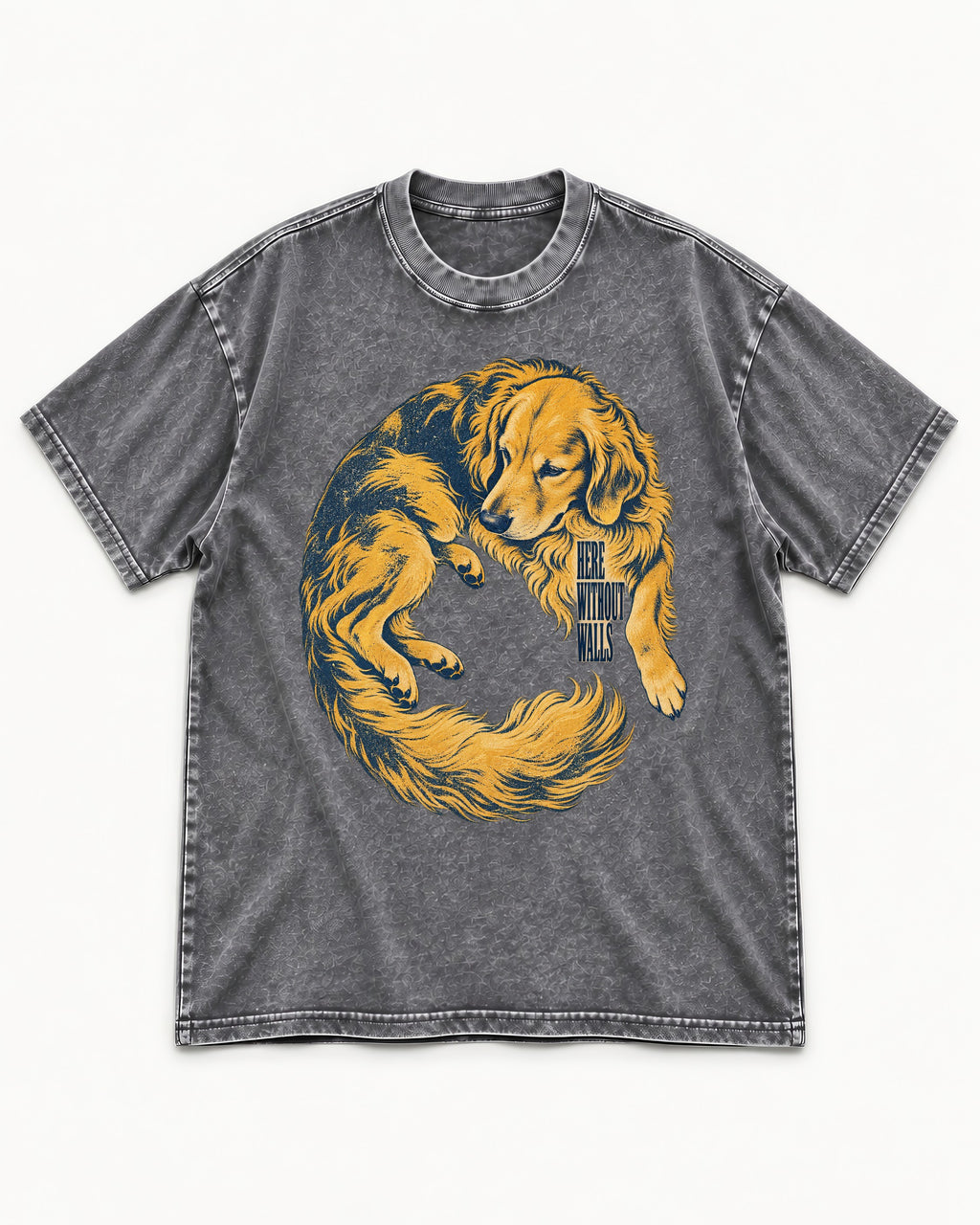 Golden Retriever Here Without Walls Curled Portrait Graphic Washed Tee in Gray, flat lay product photo