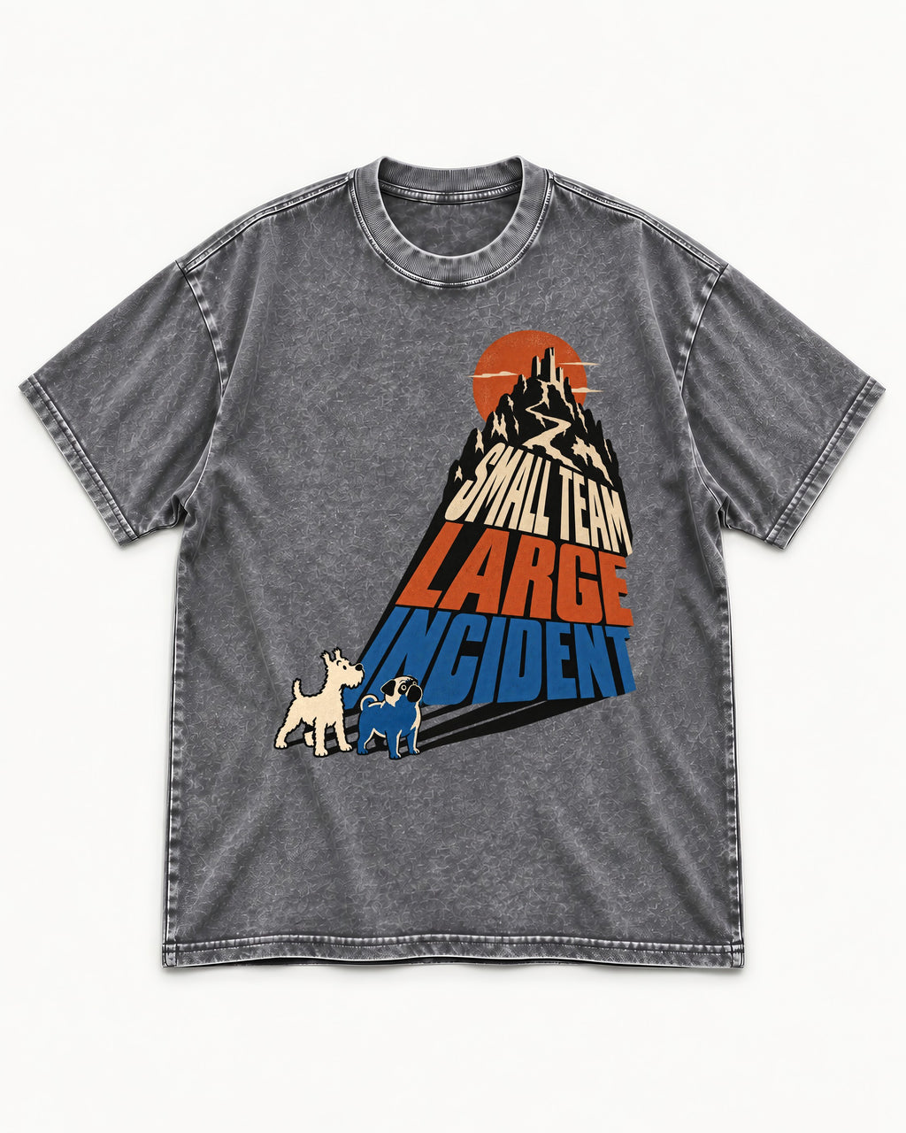 Pug Small Team Large Incident Mountain Graphic Washed Tee in Gray, flat lay product photo