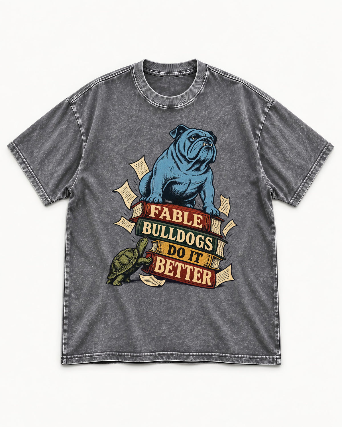 English Bulldog Does It Better Washed Tee in Gray, flat lay product photo