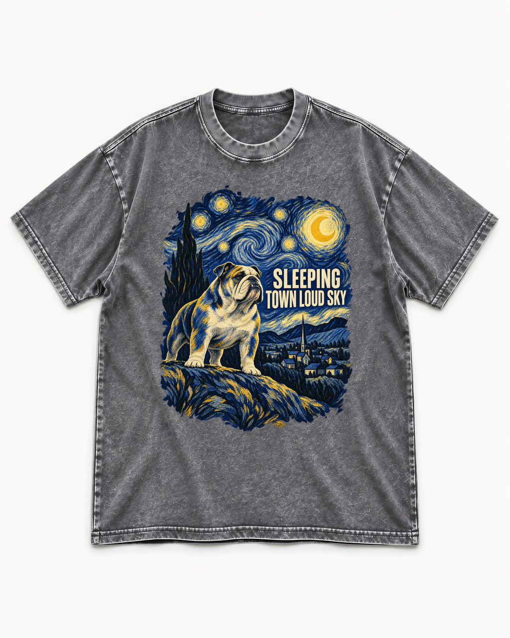 English Bulldog Sleeping Town Loud Sky Starry Night Graphic Washed Tee in Gray, flat lay product photo