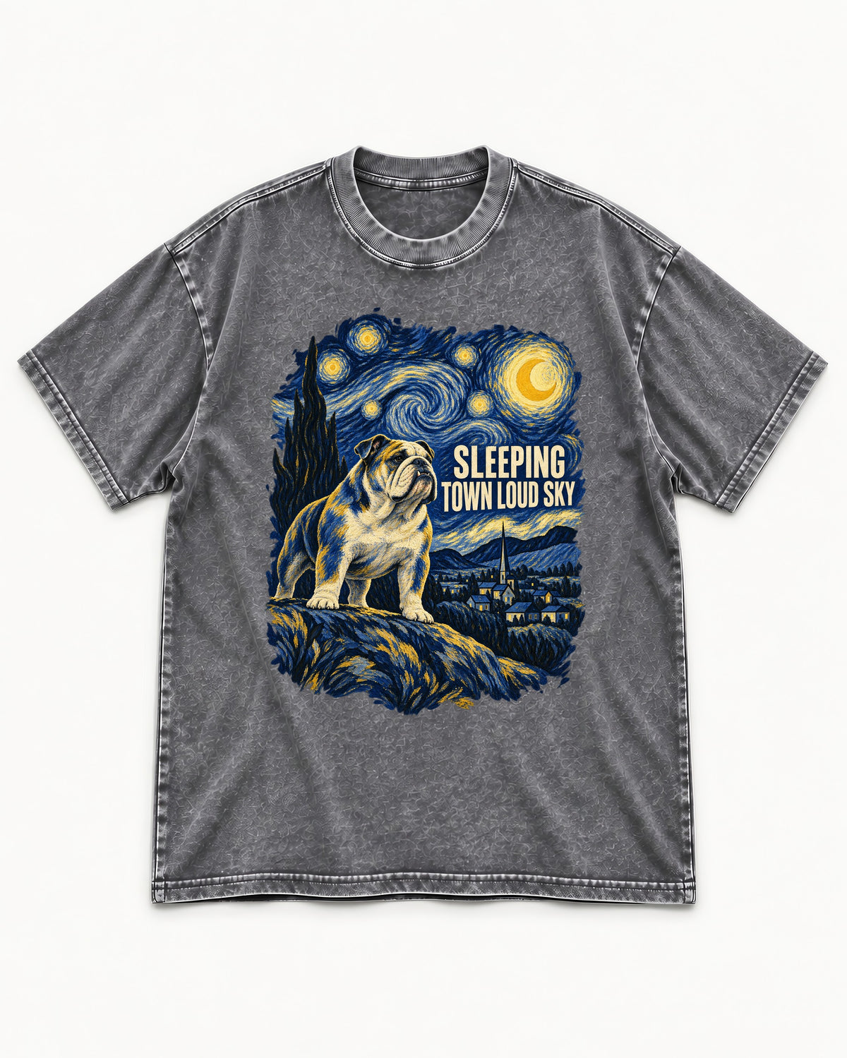 English Bulldog Sleeping Town Loud Sky Starry Night Graphic Washed Tee in Gray, flat lay product photo