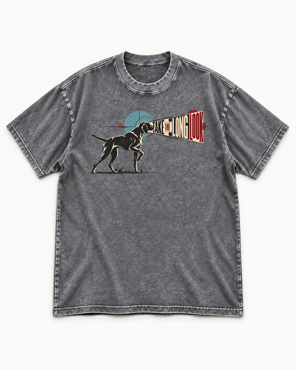 German Shorthaired Pointer Take the Long Look Washed Tee in Gray, flat lay product photo