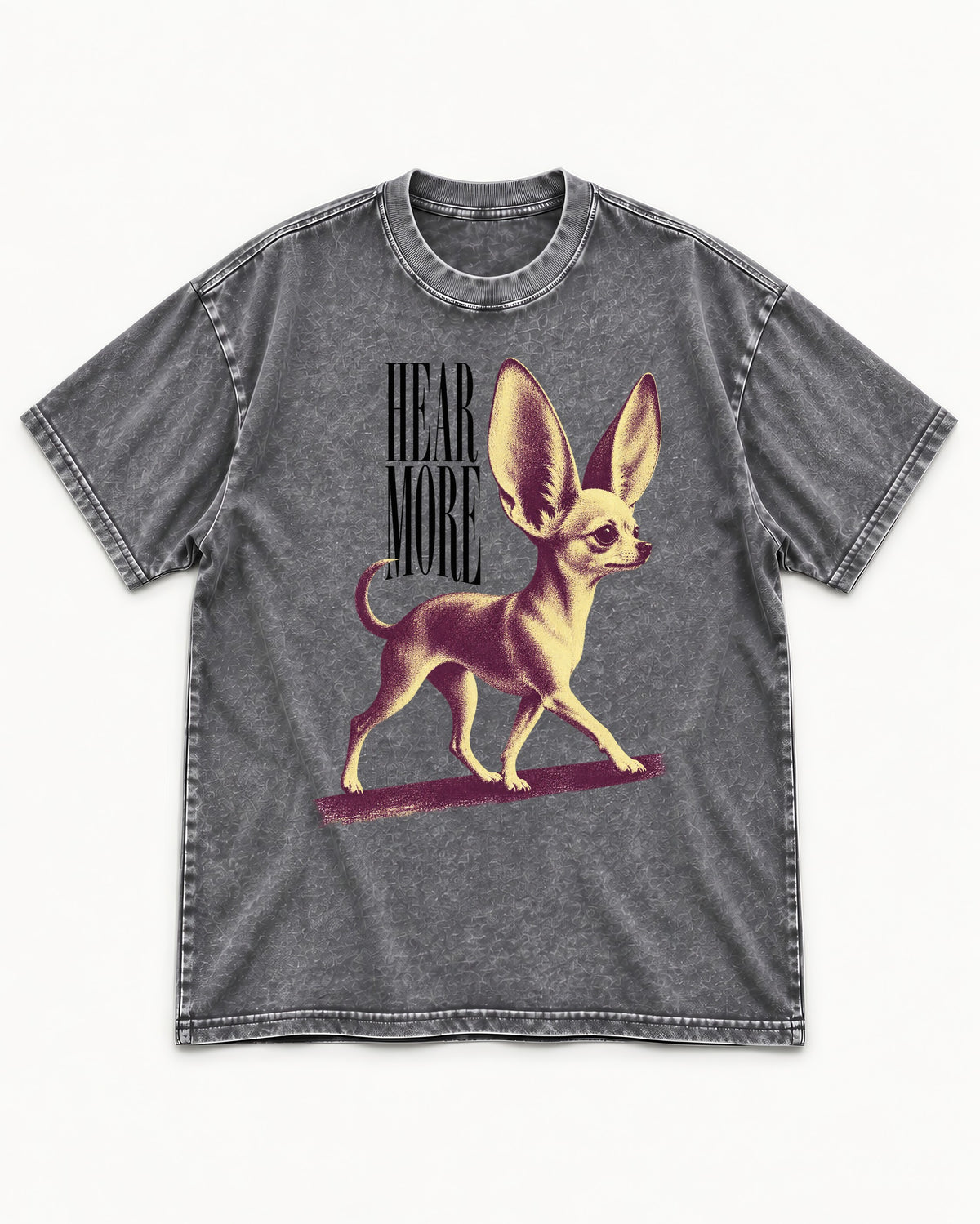 Hear More Chihuahua Washed Tee in Gray, flat lay product photo