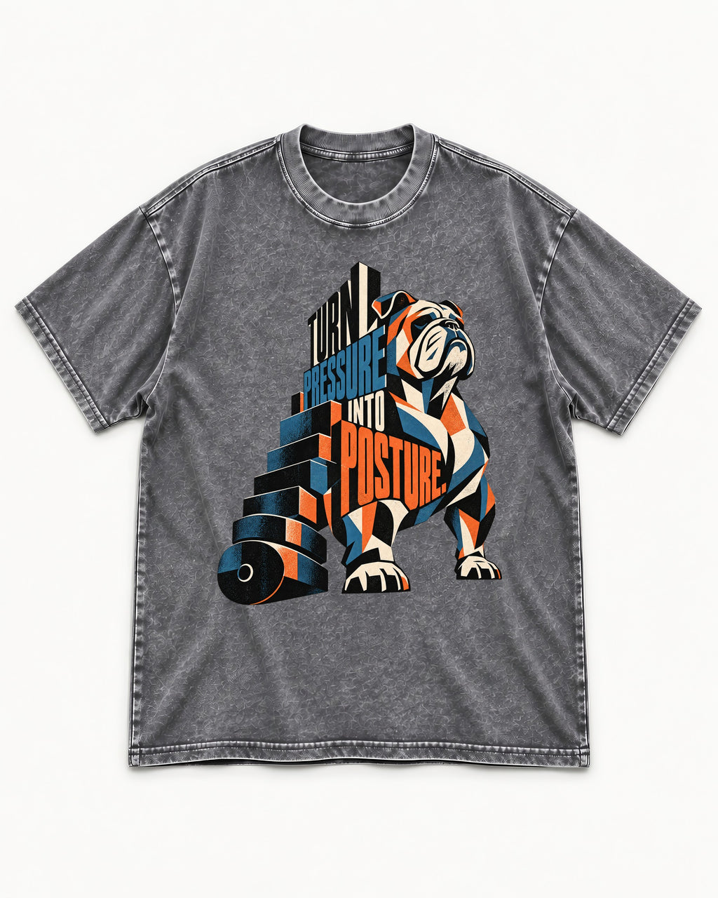 Turn Pressure Into Posture English Bulldog Washed Tee in Gray, flat lay product photo