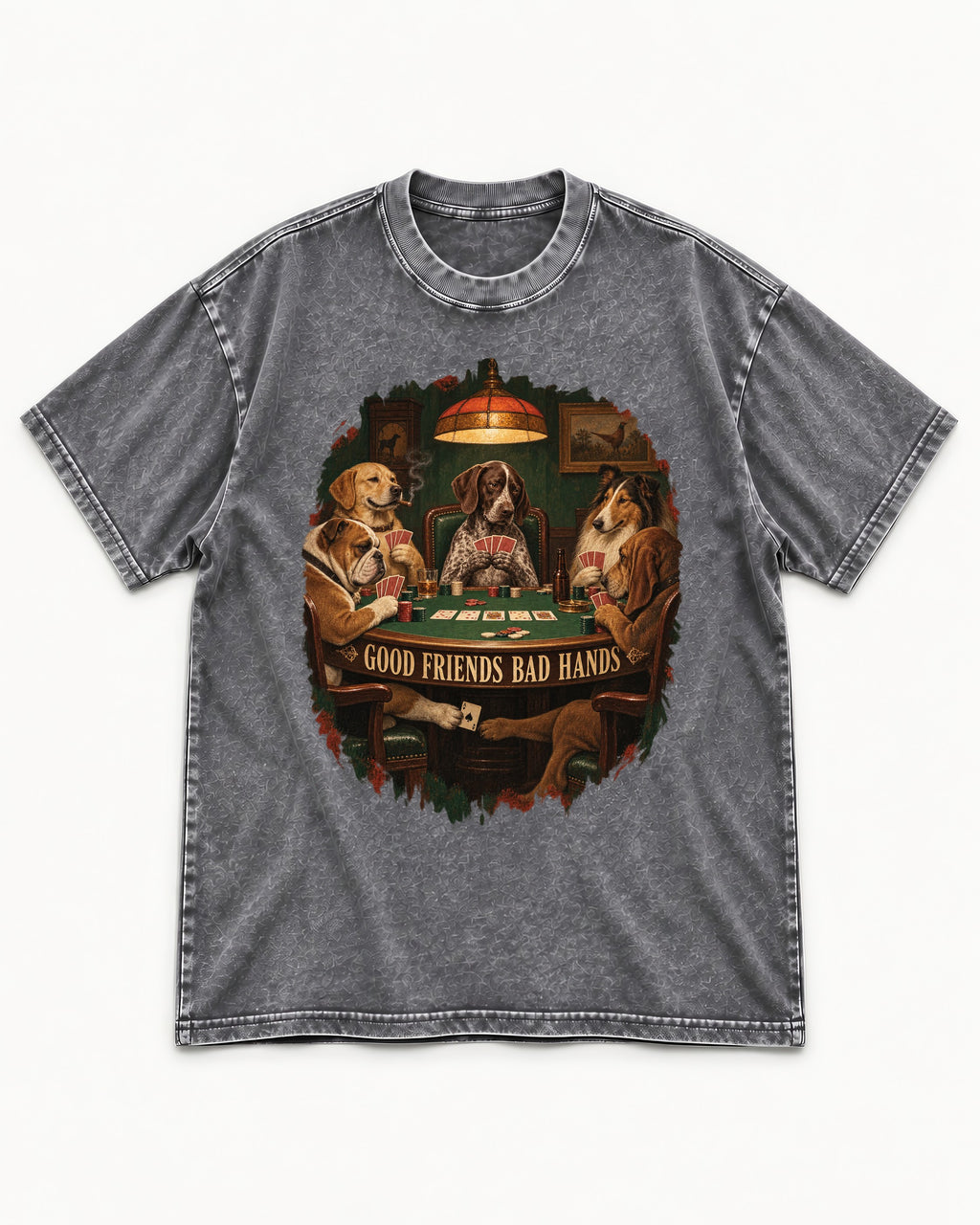 German Shorthaired Pointer Good Friends Bad Hands Poker Night Graphic Washed Tee in Gray, flat lay product photo