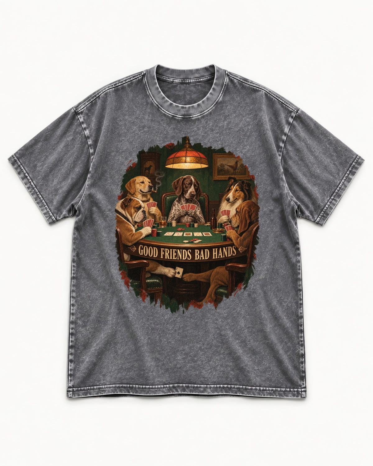 German Shorthaired Pointer Good Friends Bad Hands Poker Night Graphic Washed Tee in Gray, flat lay product photo