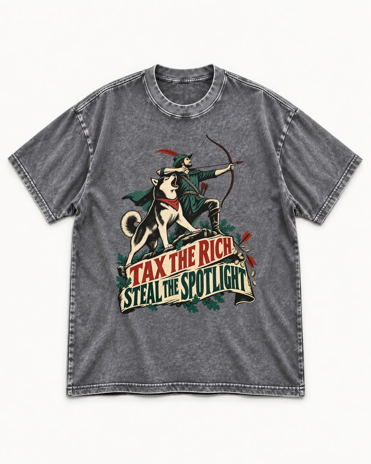 Husky Steals the Spotlight Washed Tee in Gray, flat lay product photo