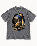Pug Quiet Luxury Loud Eyes Pearl Portrait Graphic Washed Tee in Gray, flat lay product photo